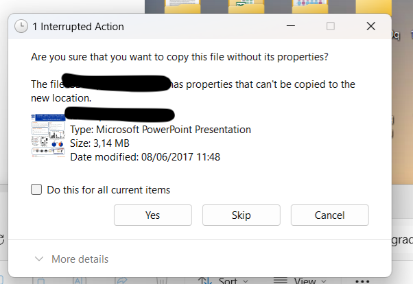 Windows File Explorer pop-up about copying without attributes